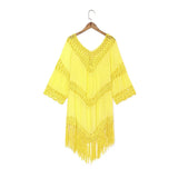 Queens Women Solid Half Sleeve Beach Tassel Loose Bohemian Mini Dress Ladies V-neck Boho Sundress