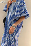 Square Neck Plaid Puff Sleeve Loose Casual Dress Summer Women Korean Ladies Chic 2023 New Dresses Elegant Woman