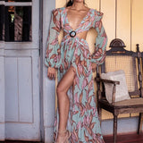 V-Neck Backless Hollow Out Dress 2022 Summer Women Long Lantern Sleeve Club Party Long Maxi Dresses Vestidos De Festa