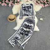 Zingj Suit Women's Round Collar Loose Jungle Animal Jacquard Long Sleeve Sweater Two-Piece High-Waisted Straight Leg Wide Leg