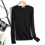 Quality Plain T Shirt Women Cotton Knitted Slim Elastic Basic T-shirts Female Casual Tops Long Sleeve T-shirt Women