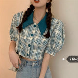 Korean Style Vintage Plaid Shirt Summer Harajuku Tunic Puff Sleeve Top Girls Kawaii Beautiful Green Chic Women