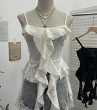Dark Wasteland To Make Old Hole Slings Vest Irregular Lotus Side Ribbon Short Sleeveless Top