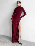 Turtleneck Long Sleeve Draped Slit Maxi Dress- Outfit