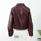 Burgundy Pu Leather Zipper Biker Jacket- Outfit