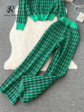 American Retro Sweater Suits Zipper Polo Collar Loose Pullover+Wide Legs Long Pants Winter Thick Geometric Women
