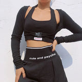 Two Pieces Fitness Cropped T-shirt Casual Long Sleeve Cotton Tshirt Women Buckle Up Skinny Crop Top T Shirt