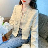 Zingj Texture Short Coat Female Spring And Autumn 2024 New Hot Style National Wind Plate Buckle Long Sleeve Jacket Autumn Women's Wear-Outfit