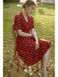 Office Lady A-line Women's Retro French Lapel Red Casual Dress 2021 Summer New Clothes For