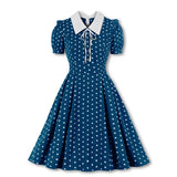 Green Vintage Retro Chiffon Party Women Dress Polka Dots Print Turn Down Collar With Bow Rockabilly A Line Party