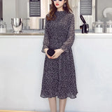 Women Dress 2023 Spring Autumn Floral Print Empire Midi Pleated Chiffon Dresses Flare Sleeve Stand Collar Vestidos 8634