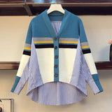 spring and autumn new loose shirt stitching irregular knitted sweater striped denim sweater jacket