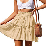 Summer Boho Pleated A Line Skirt Women Vintage Short Skirts Casual Ruffled Mini Skirt with Sashes Holiday Beach