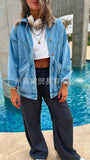 The Ins Ladies Autumn Winter Coat Washed Denim Cotton Loose Retro Water Blue Lapel Double Bag Jacket-Outfit