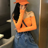 Sexy Off Shoulder T Shirt Women Fashion Casual Solid Color Tshirt Trendy Slim Crop Tops New Long Sleeve