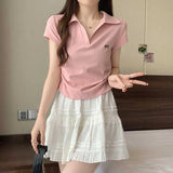 Embroidered Bow Polo Collar Short Sleeve TeeOutfit