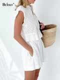 White Shorts Suit Woman 2022 Summer Short Sleeve Ruffle Jacquard Top Vacation Wide Leg Shorts Sets Women 2 Pieces