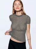 Zingj Wool Chic White Elegant Striped See Through Women Tops Outfits Short Sleeve T-Shirts Tees Skinny Club Party Clothes 211-1-Outfit