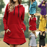 Spring Autumn Solid Women's Sweatshirt Dress 2020 Fashion Loose Hooded Pocket Drawstring Ladies Dress Vestidos Plus