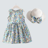 Girls Dress +Hat Cotton Comfortable Children's Dress 2021 Summer Dress Floral Girls' Sleeveless Dress For