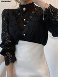 Chiffon Button Turtleneck Shirt Chic Elegant Floral Lace Fluffy Long Sleeve Top Fashion Hollow Oversize White Blouse 2024-Outfit