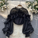 Zingj Sense Irregular Flounce Mesh Shirt Female Spring Autumn Sleeve Fold Small Slim Chic Jacket