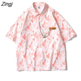 Women Colorful Sweet Heart-print Short Sleeve Chain Stylish Summer Turn-down Collar Candy Color Holiday Leisure Baggy