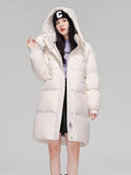 Long Down Jacket Female 2024 Winter New Fashion Hoodie Loose And Thick White Duck Velvet Over The Knee Coat Tide-Outfit