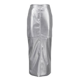 Zingj Style 2024 New Temperament Splicing Design Sense Metallic Color PU Leather Skirt Package Hip Half Skirt Women-Outfit