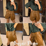 New PU Leather Shorts Women Shorts All-match Sashes Wide Leg Short Ladies Sexy Leather Shorts Autumn