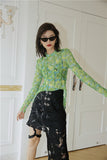 Tie Dye Asymmetrical Mesh Top Green Long Sleeve Blouse Women See Through Ruched Top Hollow Out Transparent