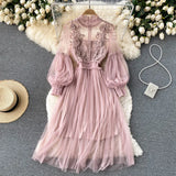 Zingj Industry Three-Dimensional Flower Net Gauze Temperament Standing Collar Lantern Sleeves High Waist Show Thin Sling Two Set Fairy
