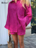 Summer Linen Shorts Sets Woman 2 Pieces Green Long Sleeve Shirts Casual Elastic Waist Shorts Outfits Vacation Women