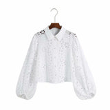 Women Solid Single Breasted Shirt New Za Lantern Collar Cute Hollow Out Female Top Girls Streetwear Chic Female