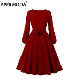 Women Red Black Pink Swing Dress Belted Swiss Dot Mesh Long Sleeve Light Blue Elegant Ladies 50s Midi Dresses Vintage