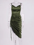 Ruched Satin Summer Dress Drawstring Spaghetti Straps Cowl Neck Backless Long Dresses for Women Party Sexy Vestidos