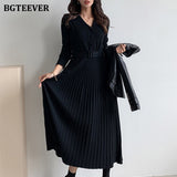 Elegant V-neck Single-breasted Women Thicken Sweater Dress 2021 Autumn Winter Knitted Belted Female A-line soft