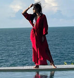 Sexy Solid Front Open Self Belted Long Kimono Dress Summer Clothes For Women Beach Wear Open Long Shirt Robe De Plage
