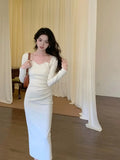 Vintage Chain Square Neck Long Sleeves Midi Dresses for Women 2023 Autumn New Sexy Bodycon Evening Party Female
