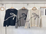 Zingj New 2024 Korean Version Of The Versatile Design Bow Knit Loose Soft Waxy Round Collar Sweater-Outfit