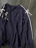 Blue Lace Stripe Bow Sweatshirt- Outfit