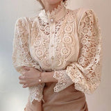 Flower Lace Blouse Women Korean Style Stand Collar Hollow Out Elegant White Shirt Spring Autumn Fashion Ladies
