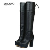Autumn Women Platform Knee High Boots Square High Heel Lacing Fashion Boots Winter Ladies Shoes Black
