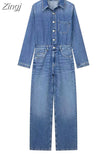 Blue Denim Jumpsuit Women Elegant Long Jumpsuits Woman 2023 Long Sleeve Jean Woman Jumpsuit Straight Leg Summer