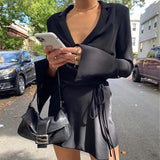 Satin V-Neck Shirt Dress Women Autumn Winter Flare Sleeve Lace Up Mini Dresses Elegant Ladies Party