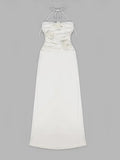 Halter Flower Cut Out Slim Long Dress Elegant White Sleeveless Skinny Cutout Floral Pleated Maxi Dress Club Party