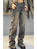 Y2K Streetwear Harajuku Butterfly Decoration Denim Pants Women's High Waist Embroidery Loose Straight Hole Ripped