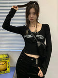 Grunge Tee Tops Retro Graffiti Print Elastic T Shirt Women Sexy Slim Crop Top Ribbed Long Sleeve O-neck Tops Korean