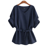Plus Size Women Cotton Linen Blouse Shirts Casual V Neck Big Bow Summer Tops Ladies Short Sleeve Loose