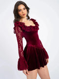 Red Velvet Long Sleeve Flare Mini Dress-Outfit
